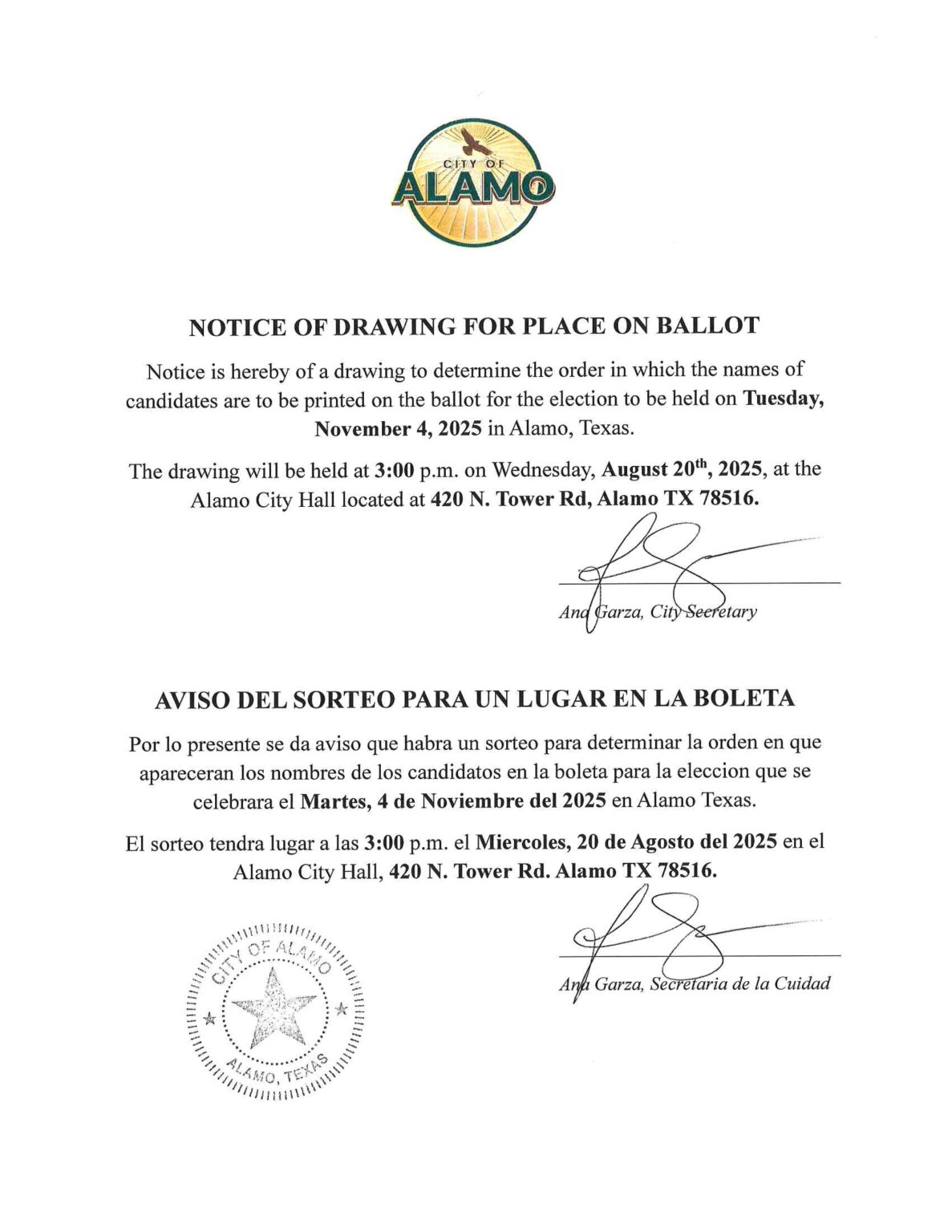 City of Alamo | Notice Of Drawing For Place On Ballot